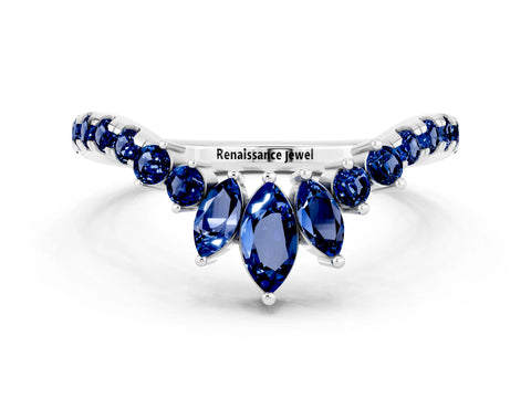 White gold Chevron Marquise and Round Blue Sapphire Open Band with Prong Setting_6