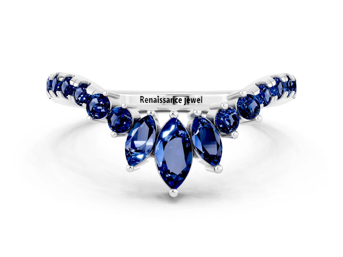 10K White Gold Chevron Marquise and Round Blue Sapphire Open Band with Prong Setting