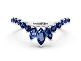 10K White Gold Chevron Marquise and Round Blue Sapphire Open Band with Prong Setting