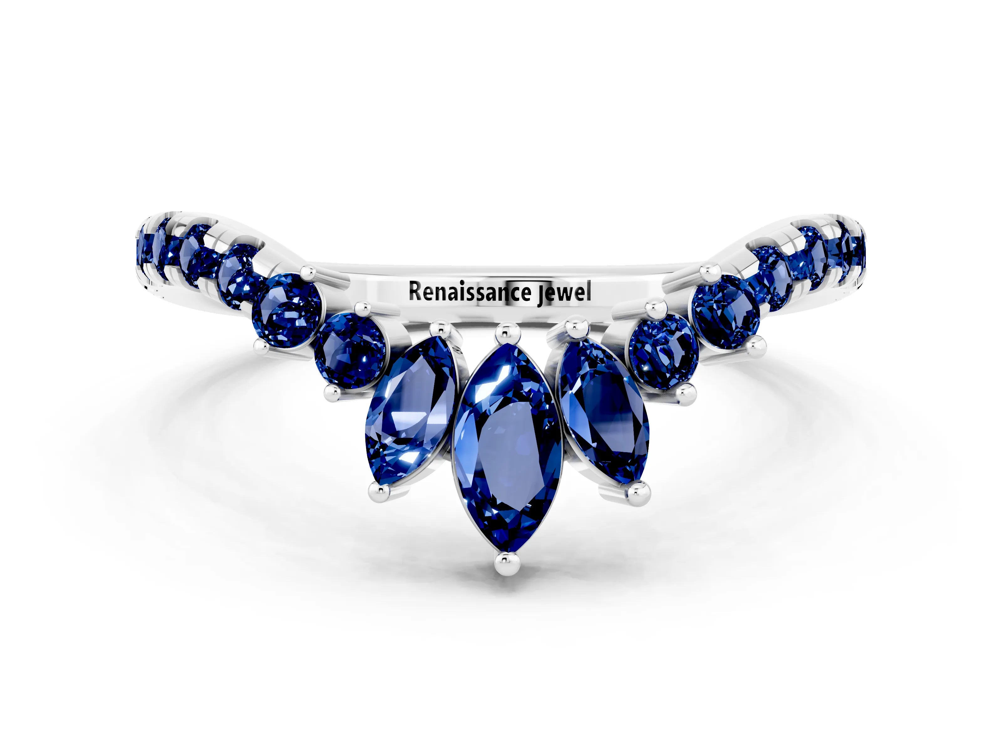 White gold Chevron Marquise and Round Blue Sapphire Open Band with Prong Setting_6