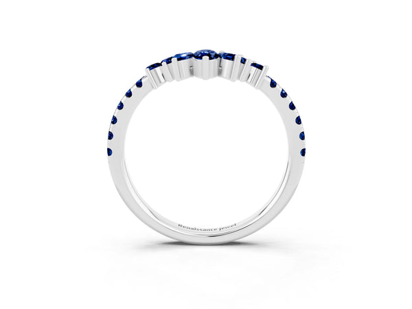 White Gold Marquise and Round Lab-Grown Blue Sapphire Chevron Wedding Band with Marquise Crown