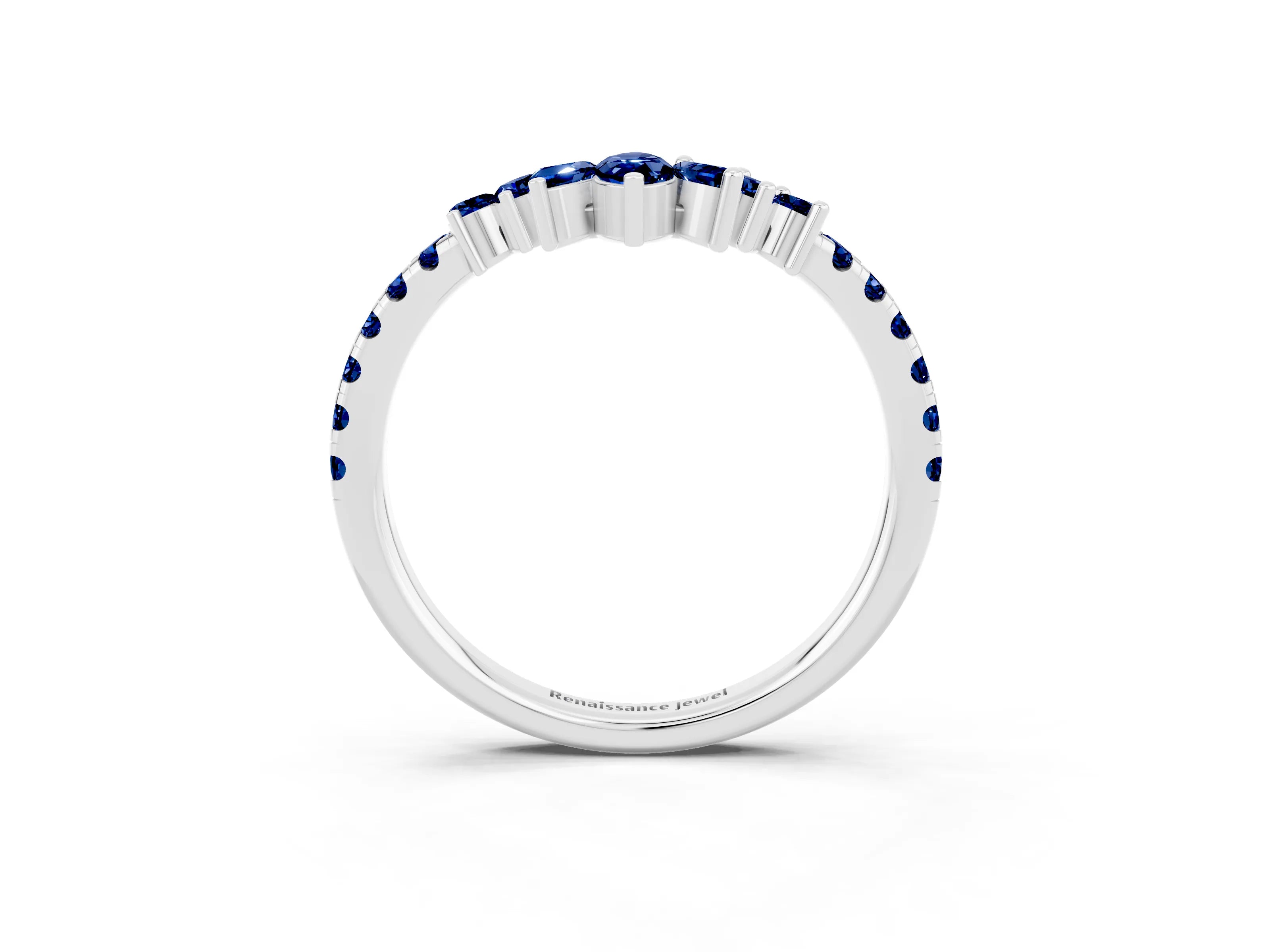 White gold Chevron Marquise and Round Blue Sapphire Open Band with Prong Setting_9