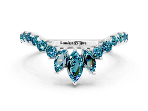 White gold Chevron Marquise and Round Blue Topaz Open Band with Prong Setting_6
