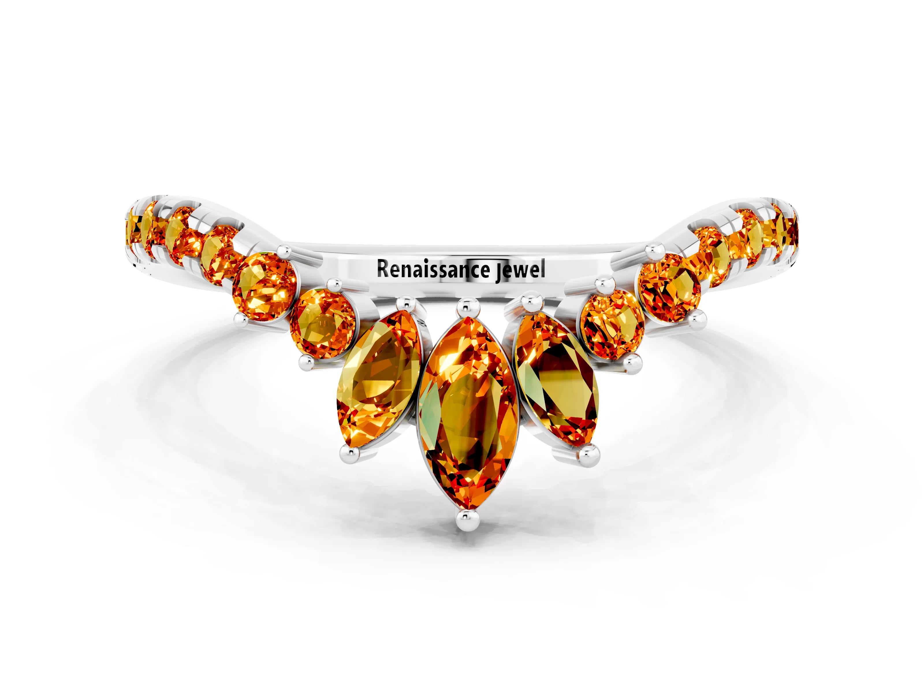 White gold Chevron Marquise and Round Citrine Open Band with Prong Setting_6