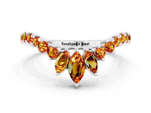 White gold Chevron Marquise and Round Citrine Open Band with Prong Setting_6