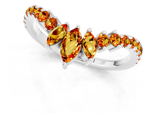 White gold Chevron Marquise and Round Citrine Open Band with Prong Setting_7