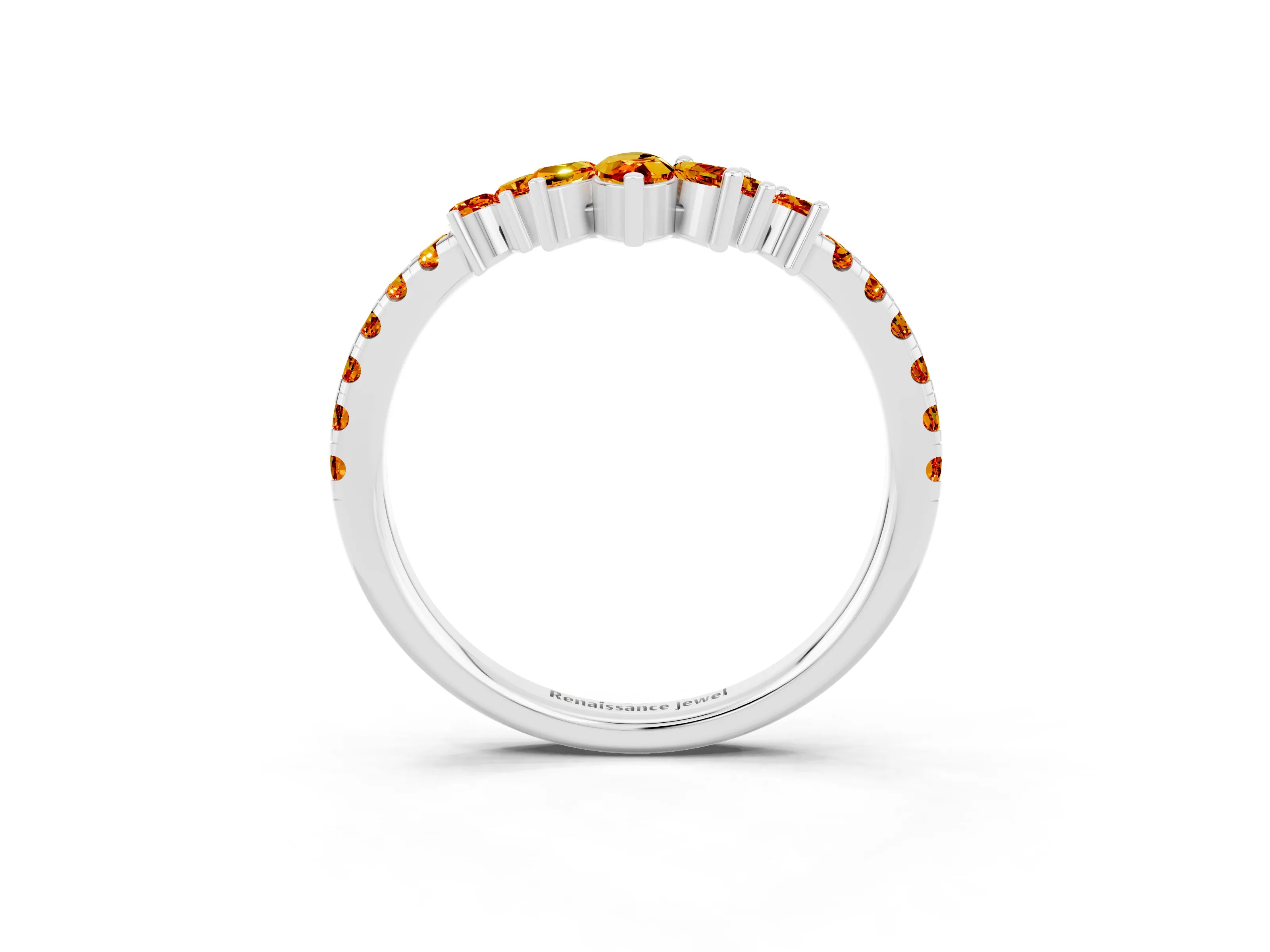 White gold Chevron Marquise and Round Citrine Open Band with Prong Setting_9