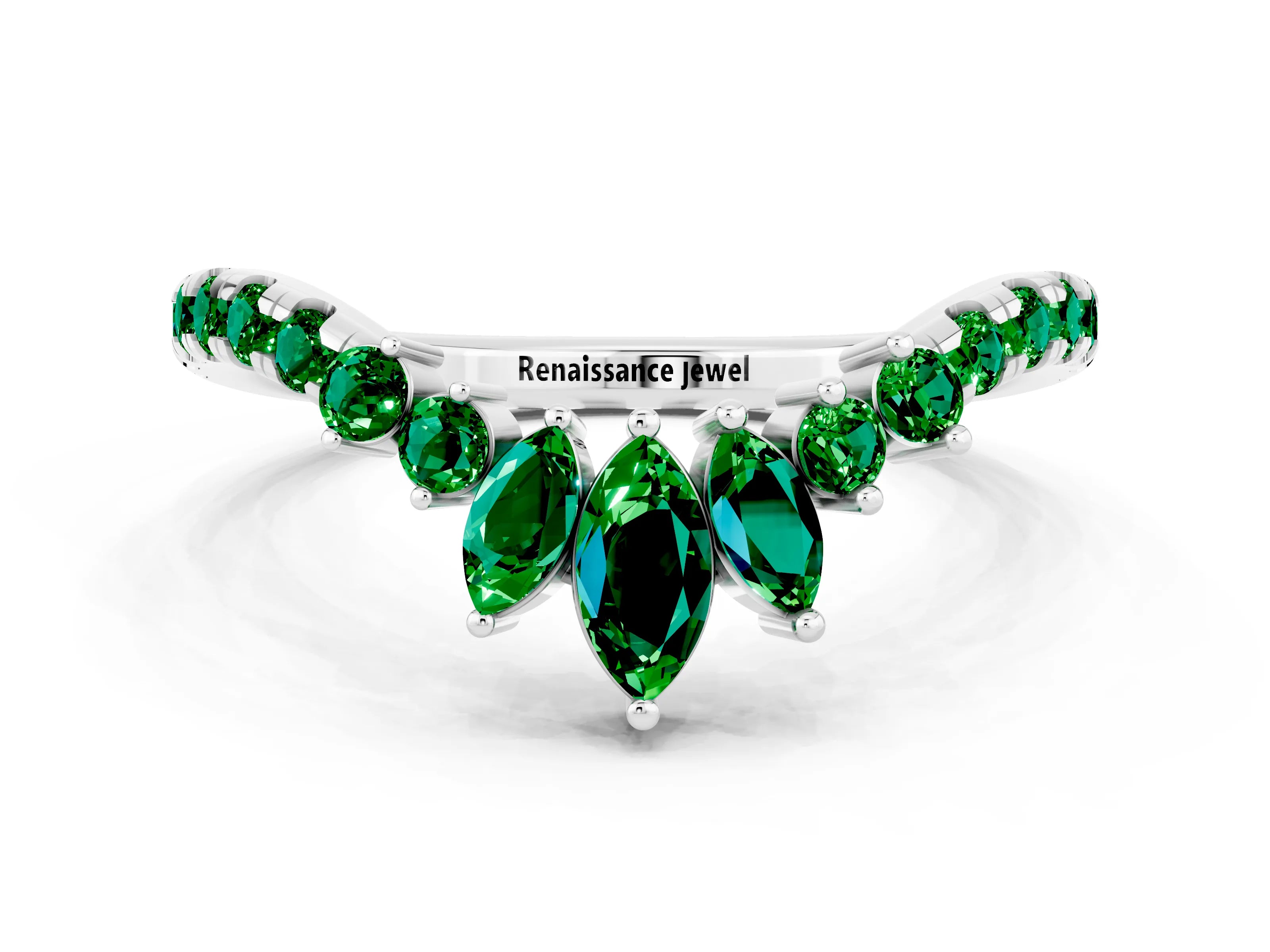 White gold Chevron Marquise and Round Emerald Open Band with Prong Setting_6