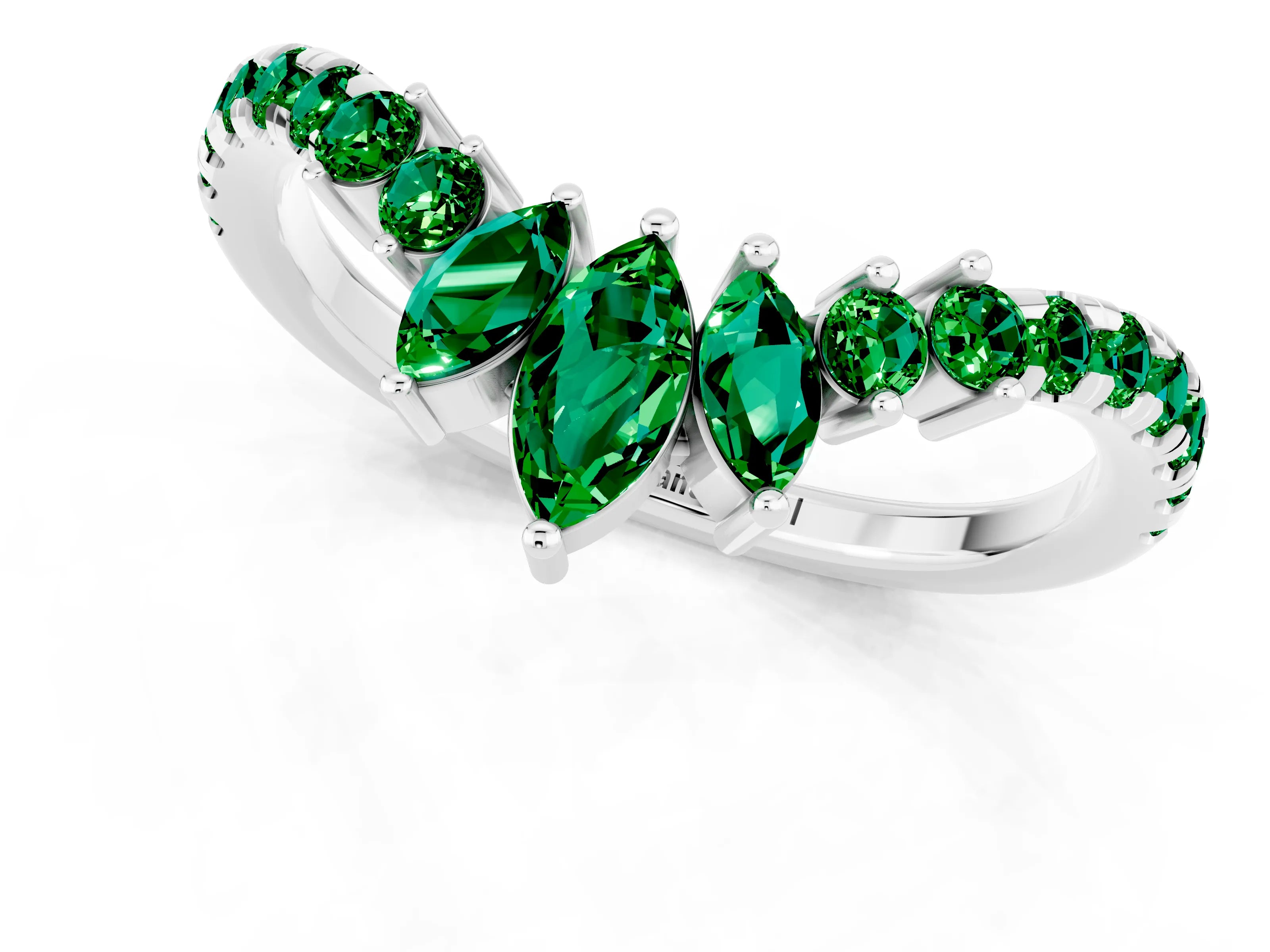 White gold Chevron Marquise and Round Emerald Open Band with Prong Setting_7