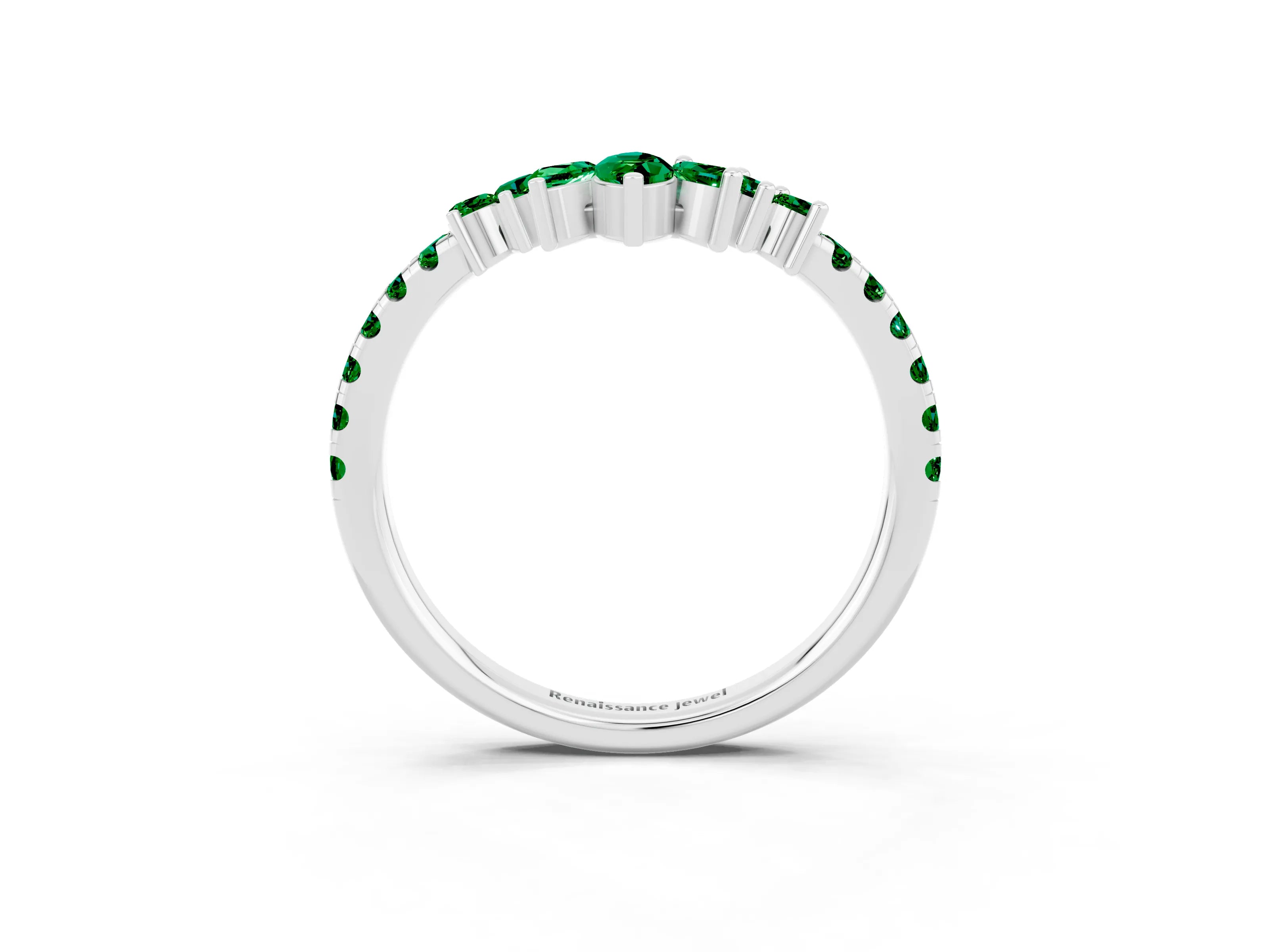 White gold Chevron Marquise and Round Emerald Open Band with Prong Setting_9
