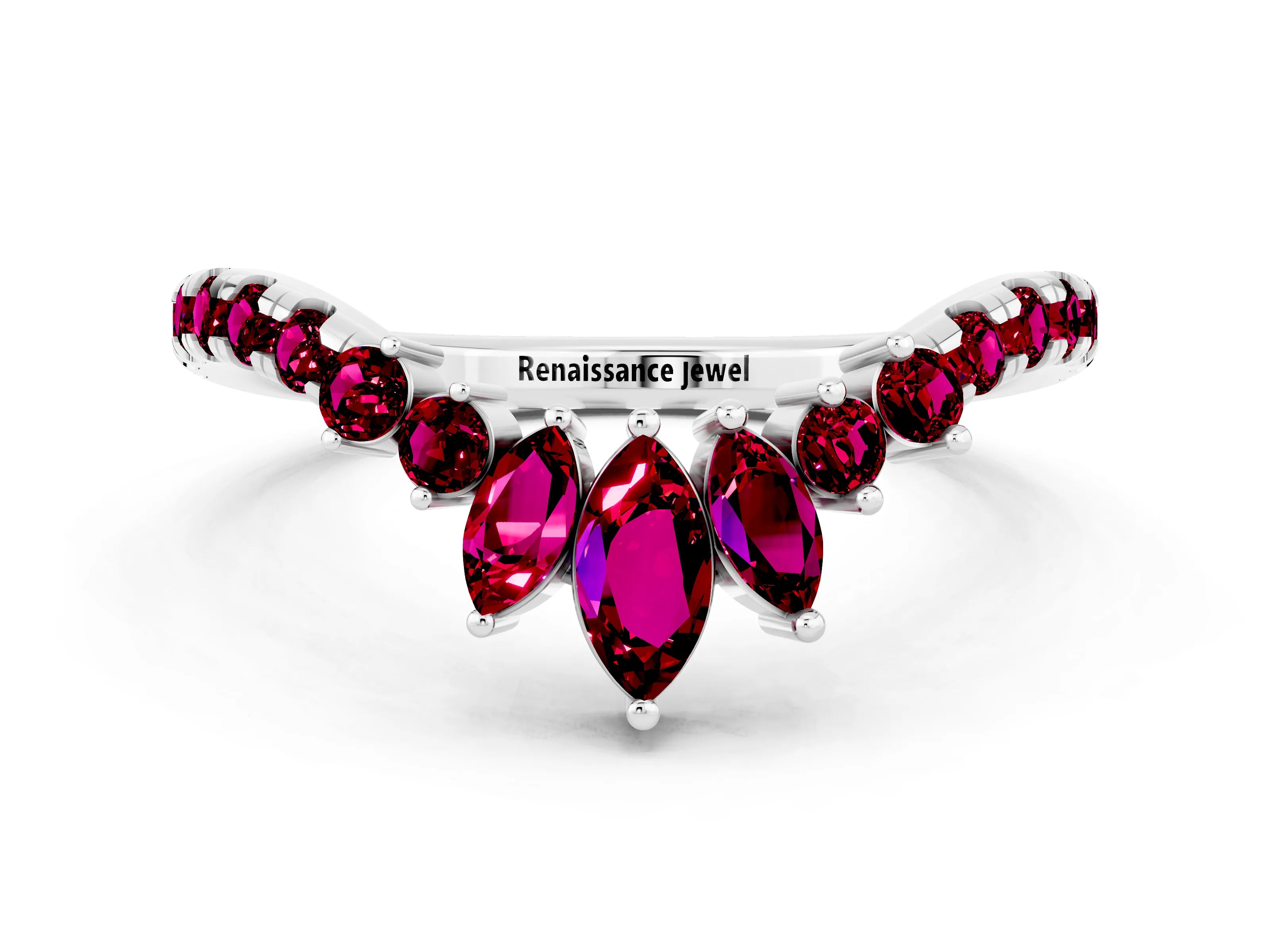 White gold Chevron Marquise and Round Garnet Open Band with Prong Setting_6