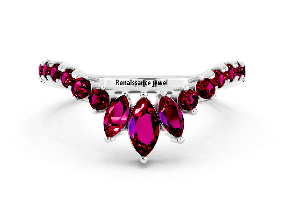 White gold Chevron Marquise and Round Garnet Open Band with Prong Setting_6