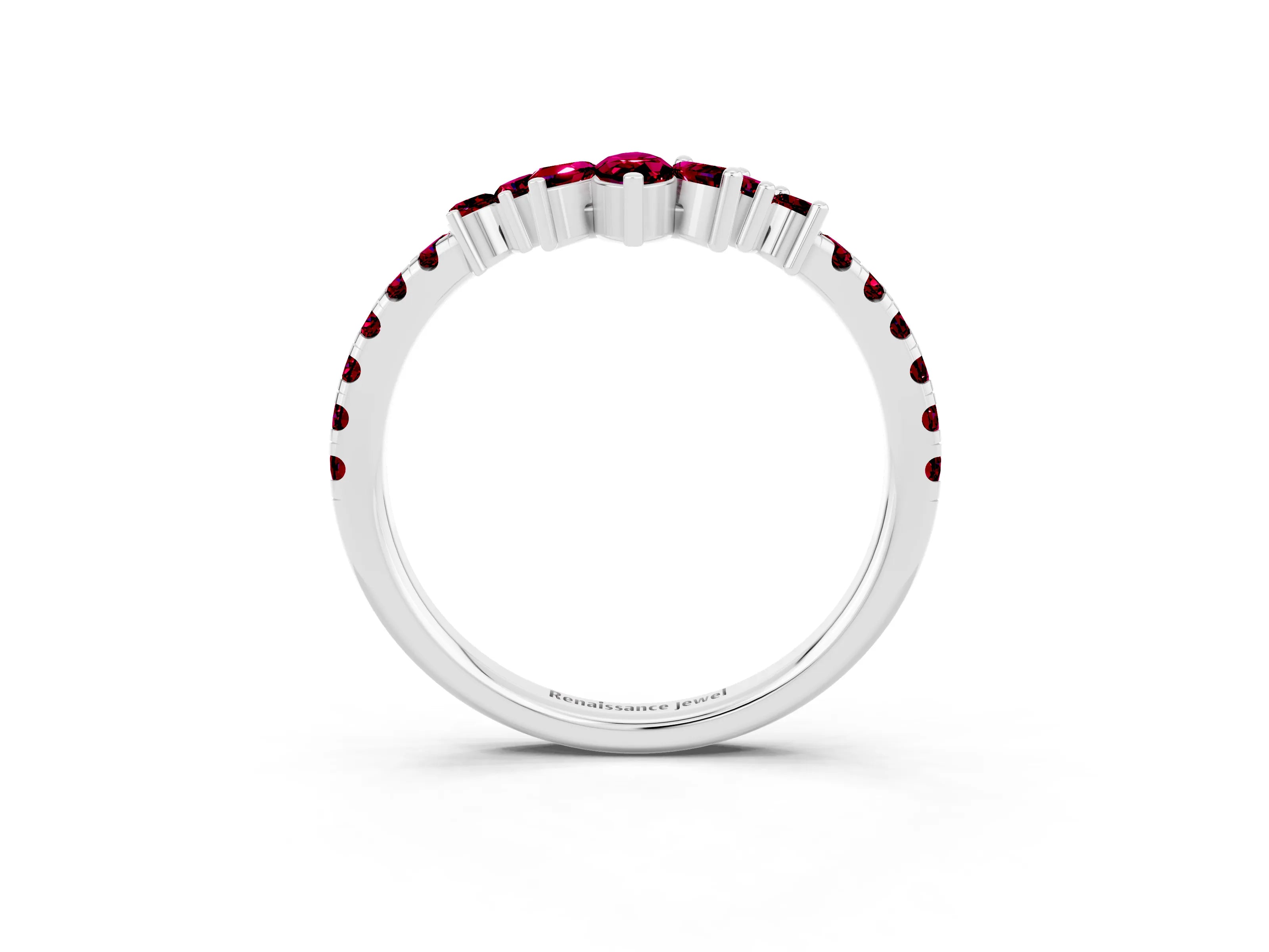 White gold Chevron Marquise and Round Garnet Open Band with Prong Setting_9