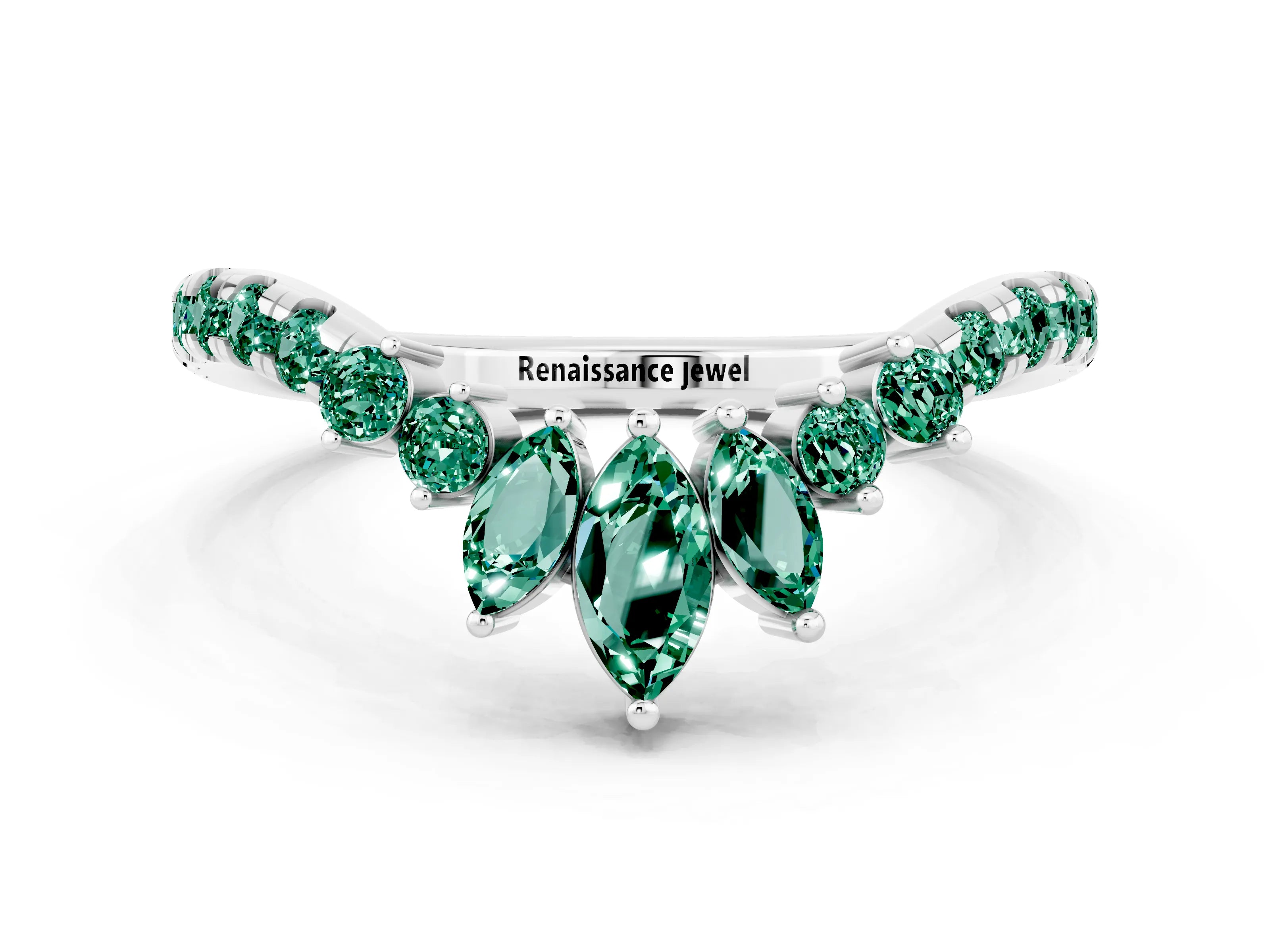 White gold Chevron Marquise and Round Green Sapphire Open Band with Prong Setting_6