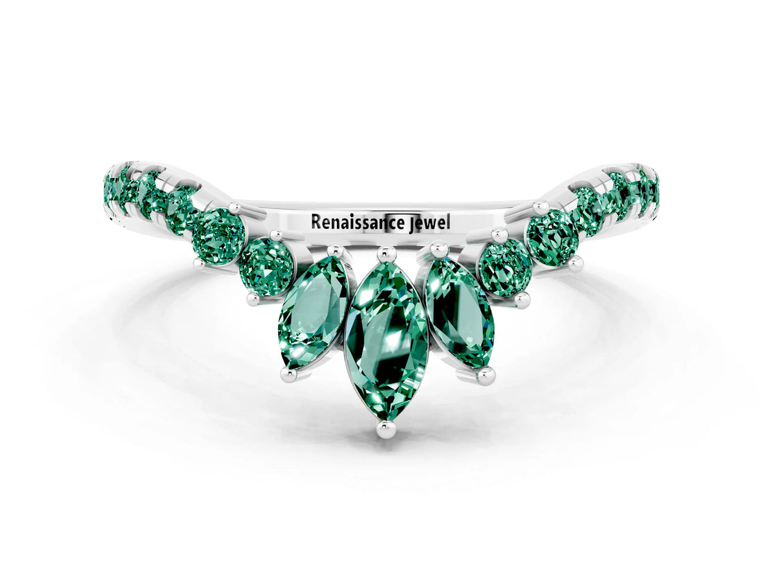 White gold Chevron Marquise and Round Green Sapphire Open Band with Prong Setting_6