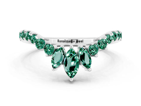 White gold Chevron Marquise and Round Green Sapphire Open Band with Prong Setting_6