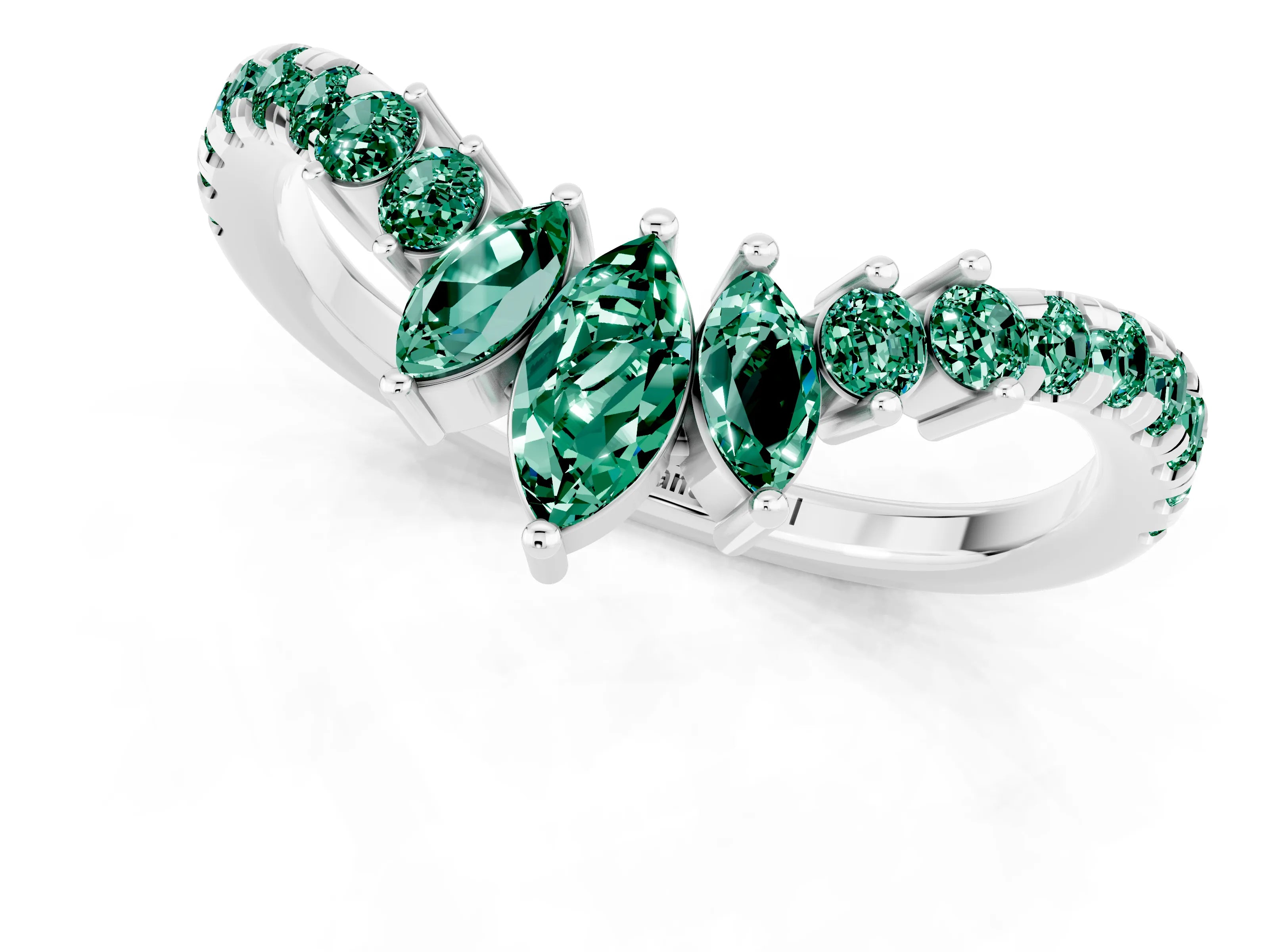 White gold Chevron Marquise and Round Green Sapphire Open Band with Prong Setting_7