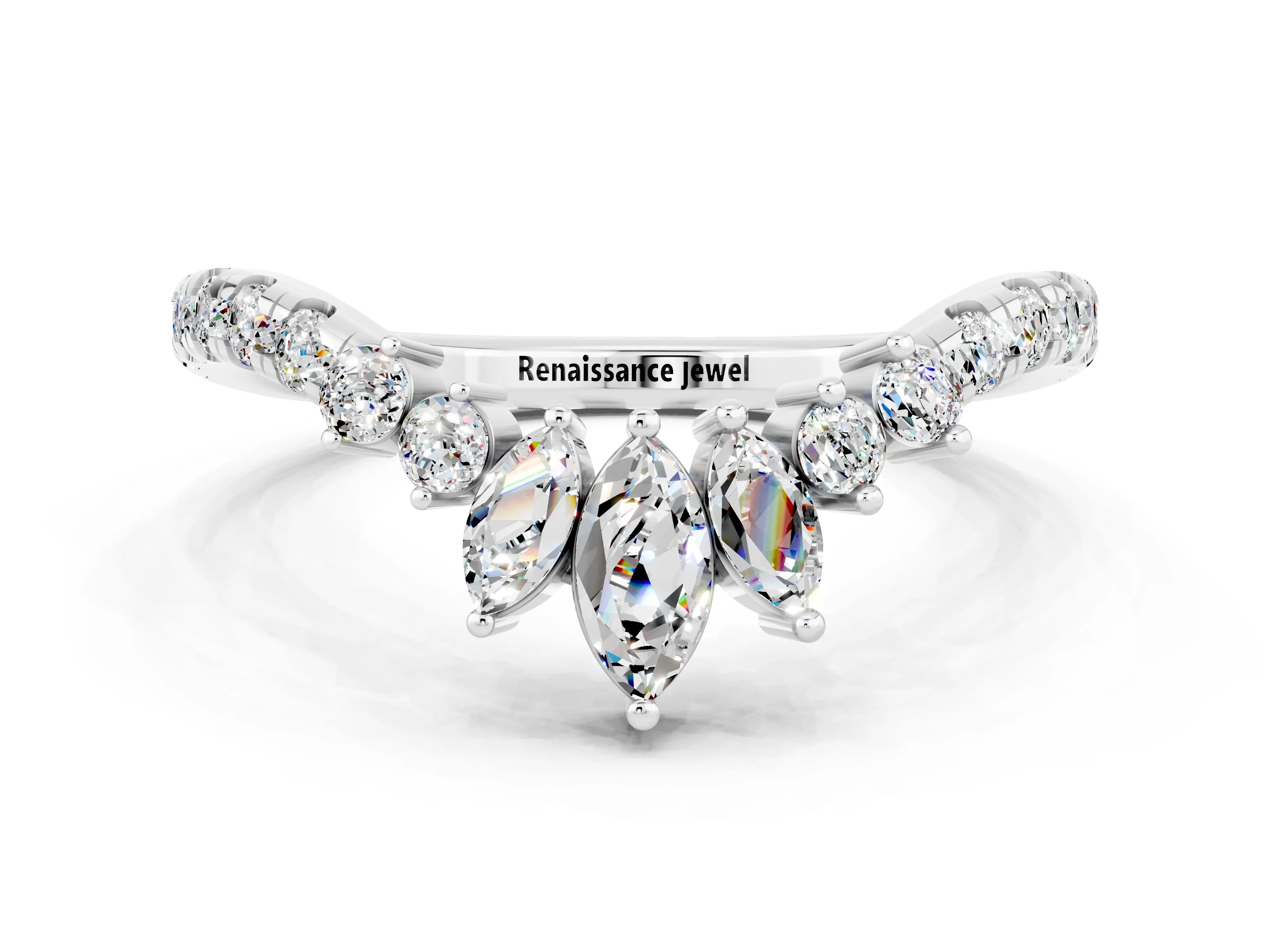 White gold Chevron Marquise and Round Moissanite Open Band with Prong Setting_6