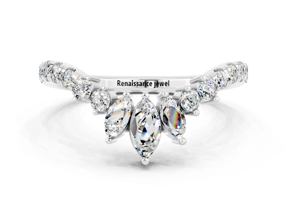 White gold Chevron Marquise and Round Moissanite Open Band with Prong Setting_6