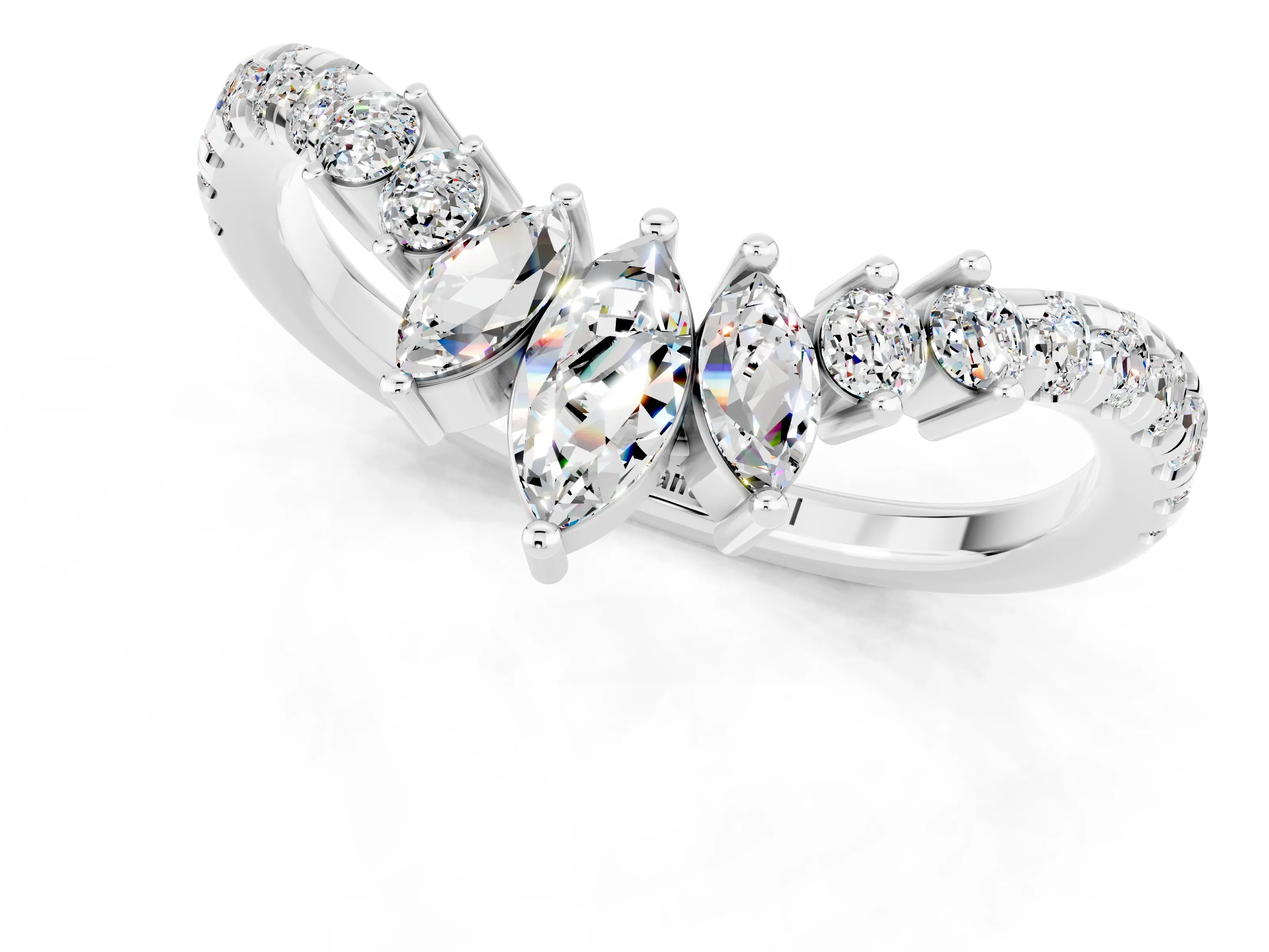 White gold Chevron Marquise and Round Moissanite Open Band with Prong Setting_7