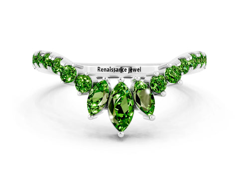 White gold Chevron Marquise and Round Peridot Open Band with Prong Setting_6