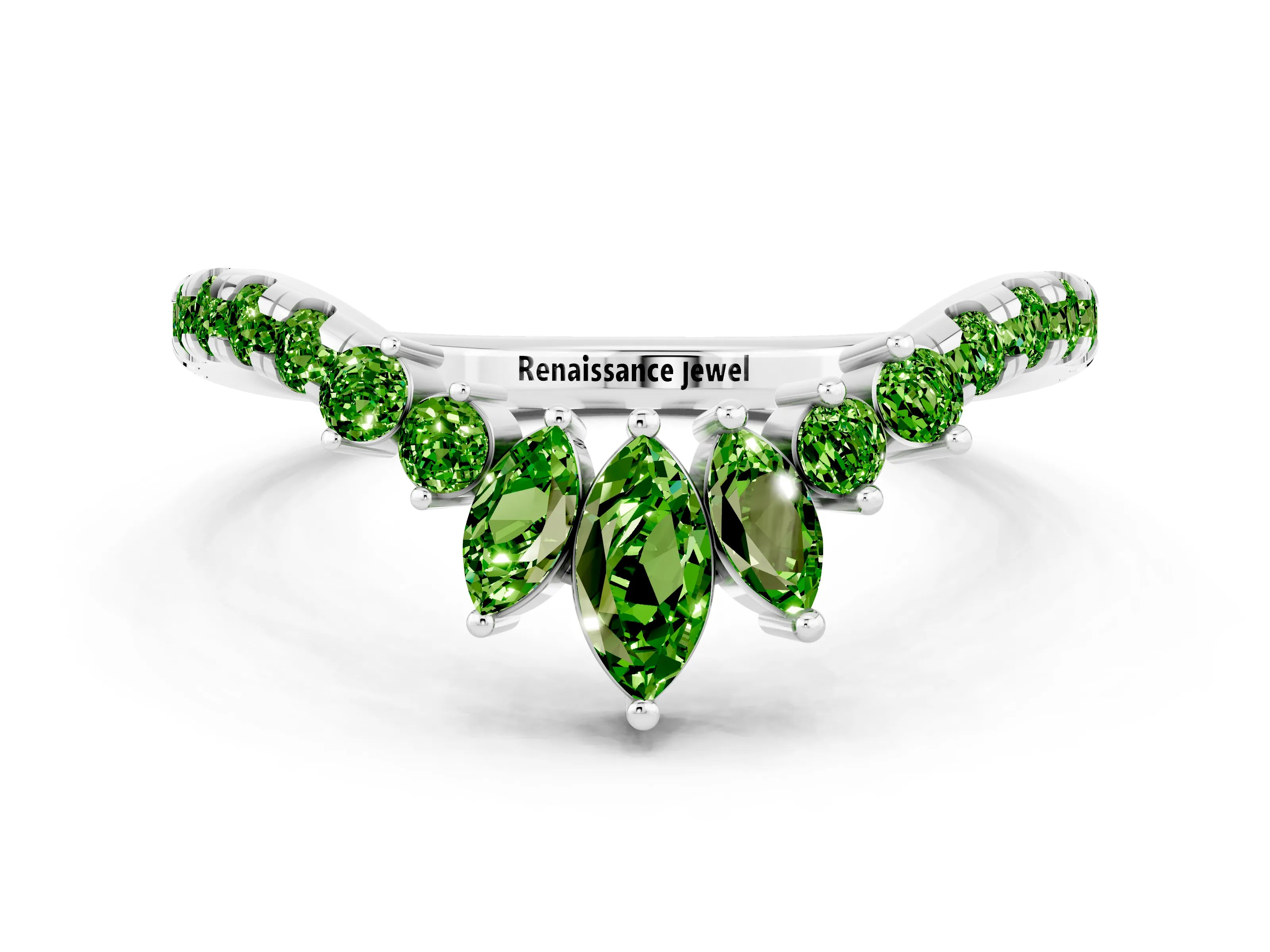 White gold Chevron Marquise and Round Peridot Open Band with Prong Setting_6