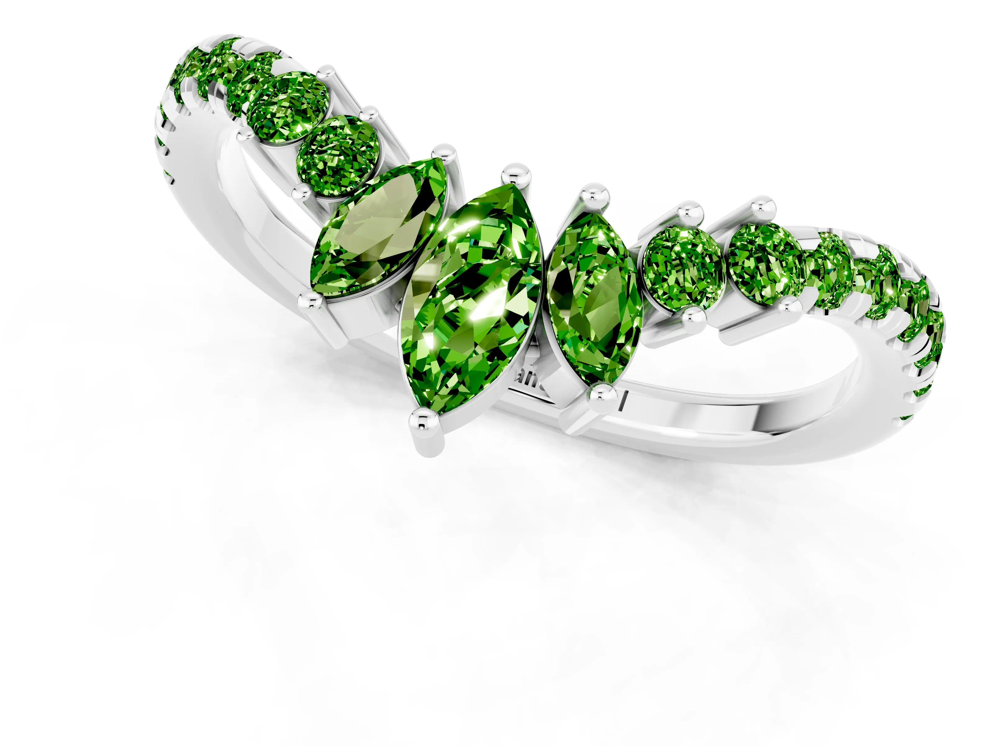 White gold Chevron Marquise and Round Peridot Open Band with Prong Setting_7