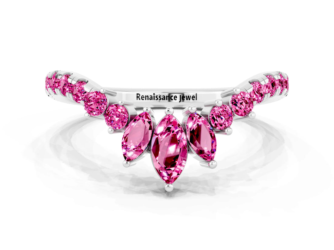 Silver Chevron Marquise and Round Pink Sapphire Open Band with Prong Setting