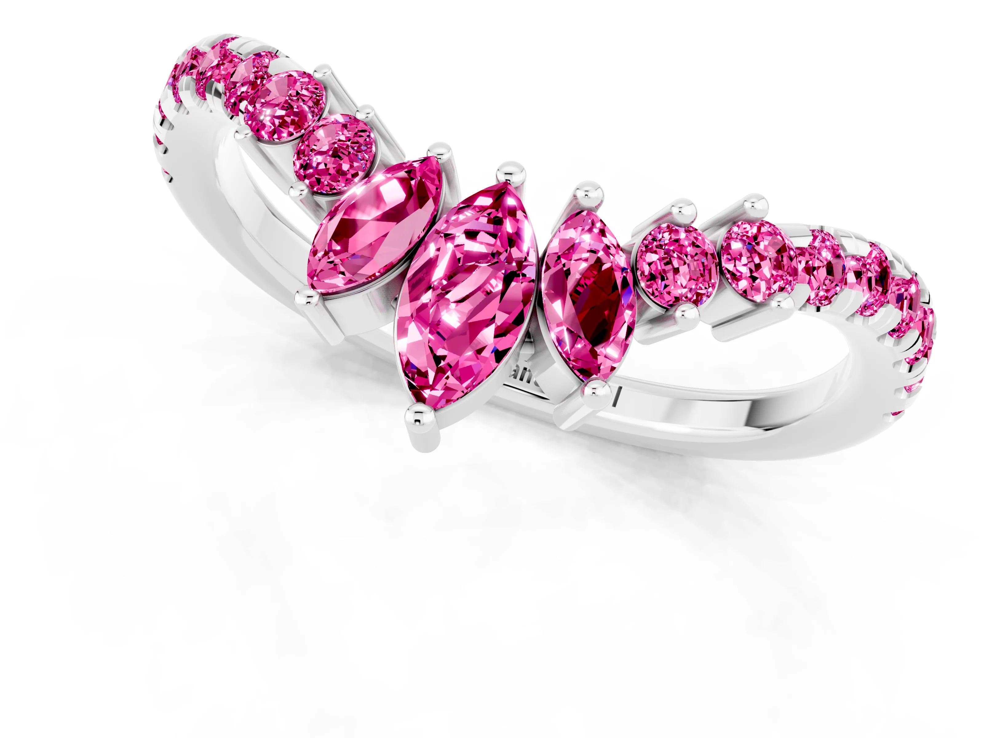 White gold Chevron Marquise and Round Pink Sapphire Open Band with Prong Setting_19