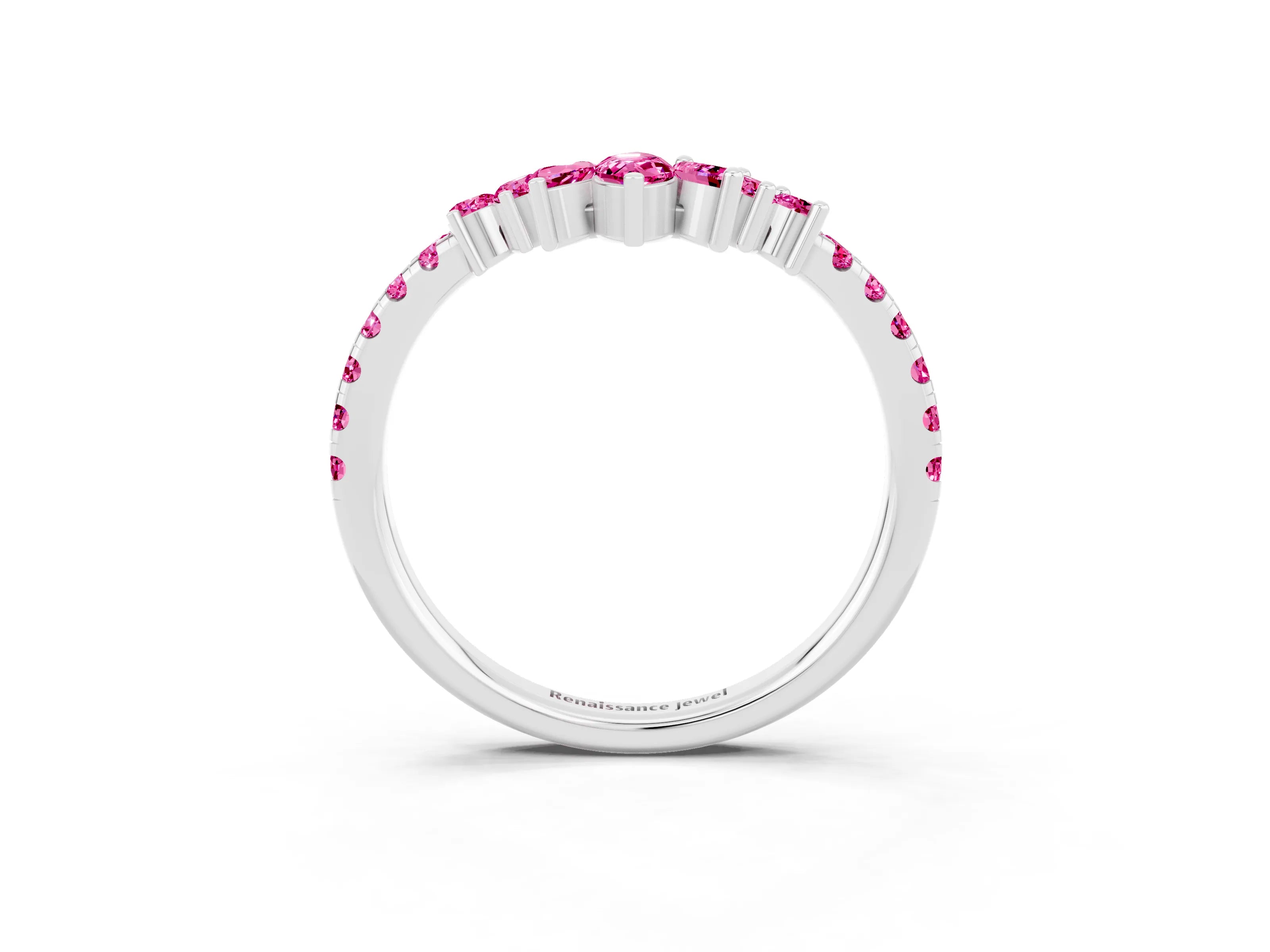 White gold Chevron Marquise and Round Pink Sapphire Open Band with Prong Setting_21
