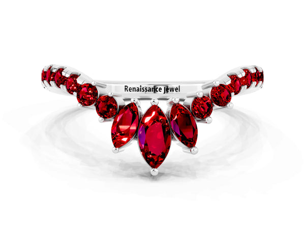 White Gold Marquise and Round Lab-Grown Ruby Chevron Wedding Band with Marquise Crown