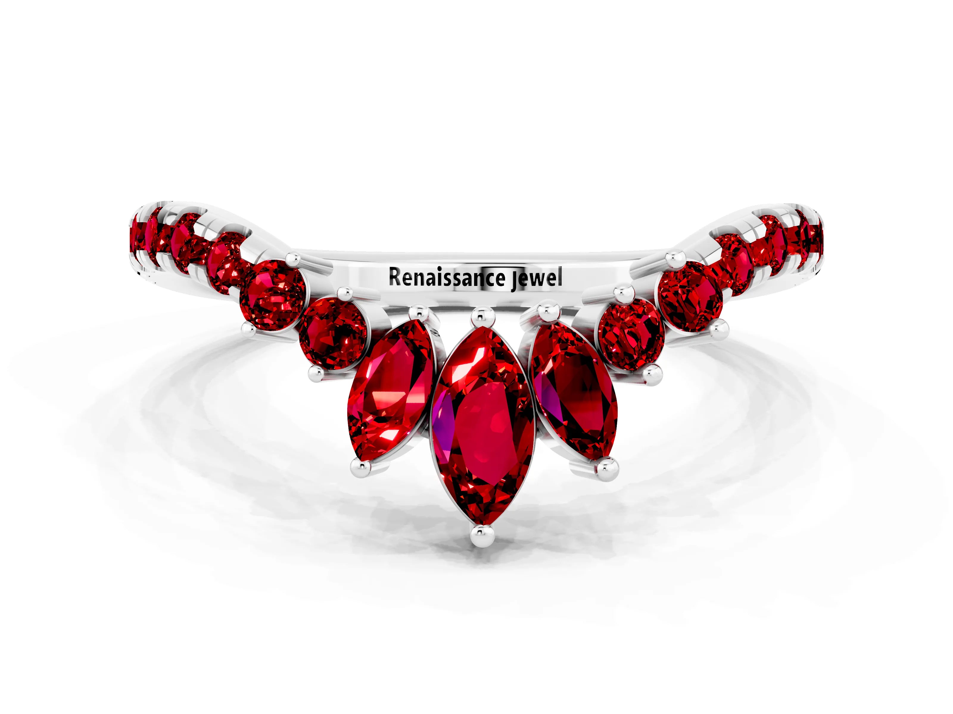 White gold Chevron Marquise and Round Ruby Open Band with Prong Setting_6