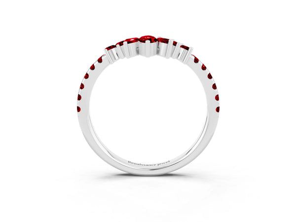 White Gold Marquise and Round Lab-Grown Ruby Chevron Wedding Band with Marquise Crown