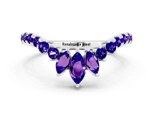 White Gold Marquise and Round Tanzanite Chevron Wedding Band with Marquise Crown