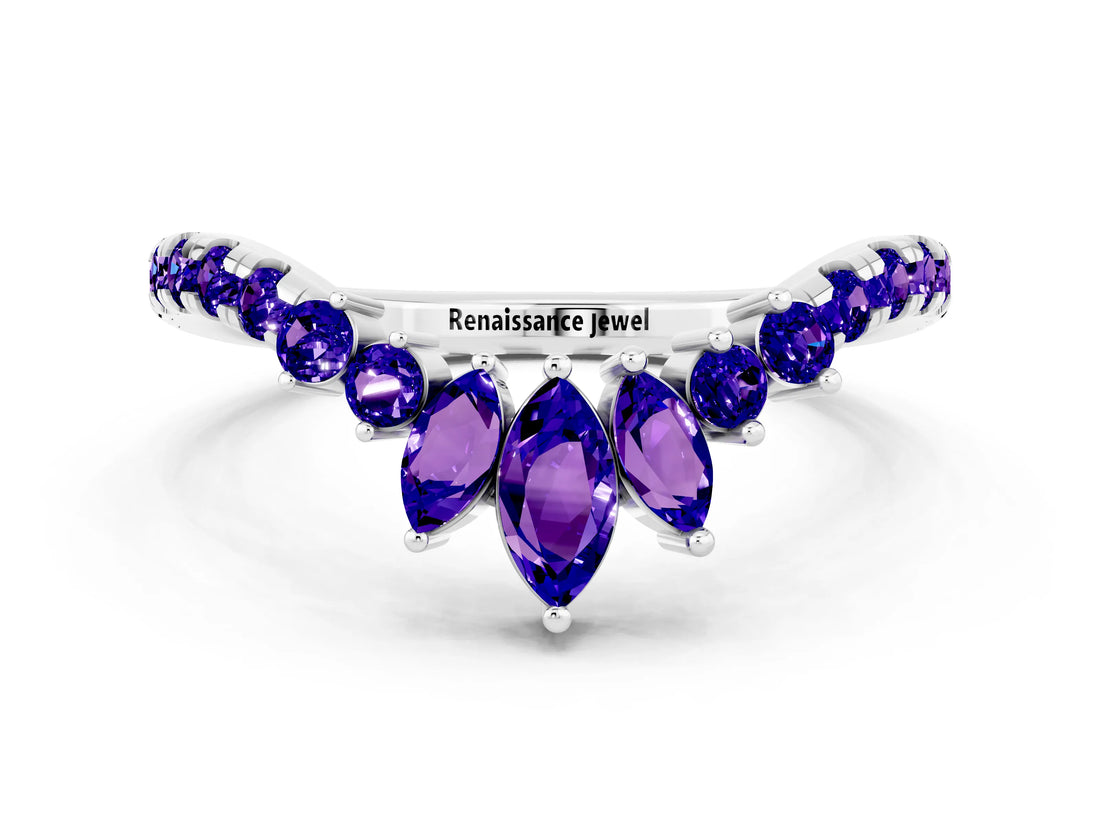 White gold Chevron Marquise and Round Tanzanite Open Band with Prong Setting_6