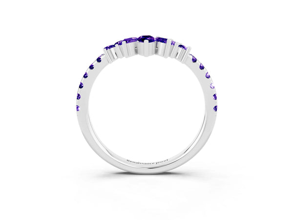 White Gold Marquise and Round Tanzanite Chevron Wedding Band with Marquise Crown