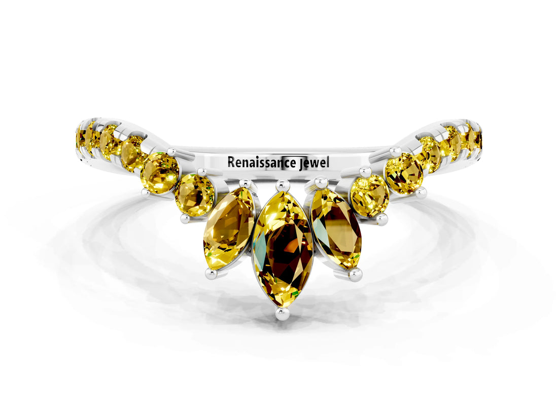 White gold Chevron Marquise and Round Yellow Sapphire Open Band with Prong Setting_18