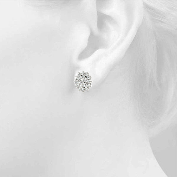 Silver Cluster Diamond Round Stud Earrings with Basket Setting