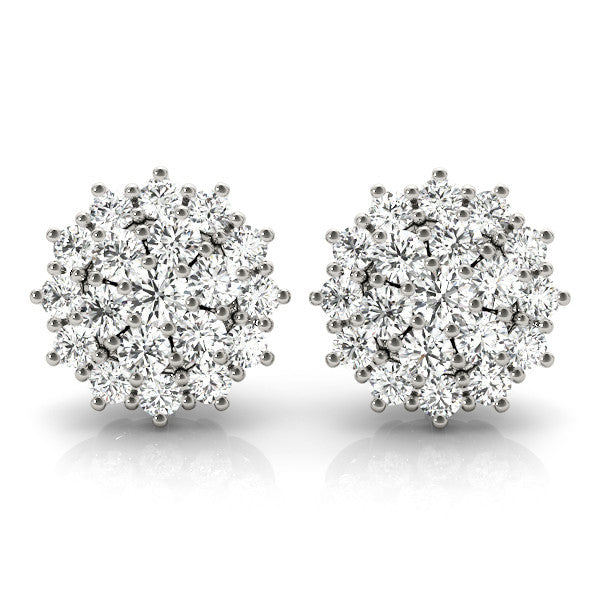 Silver Cluster Diamond Round Stud Earrings with Basket Setting