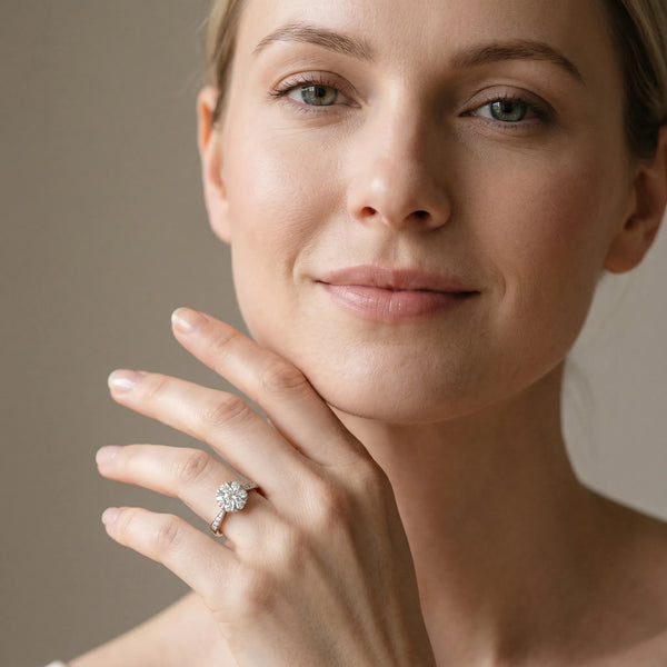 White gold Cluster Round Diamond Pavé Band Flower Prong Setting Ring