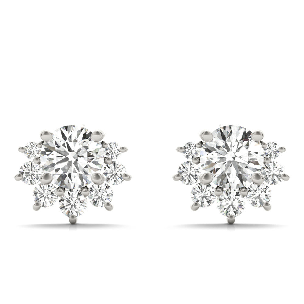 White gold Cluster Round Diamond Stud Earrings with White Gold Band and Four-Prong Setting