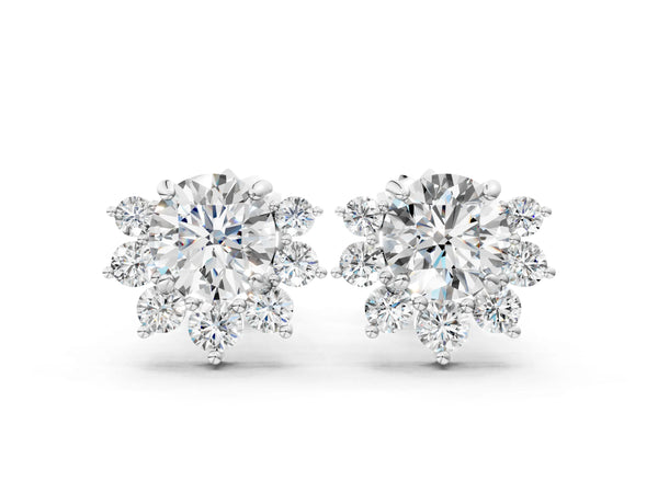 White gold Cluster Round Diamond Stud Earrings with White Gold Band and Four-Prong Setting