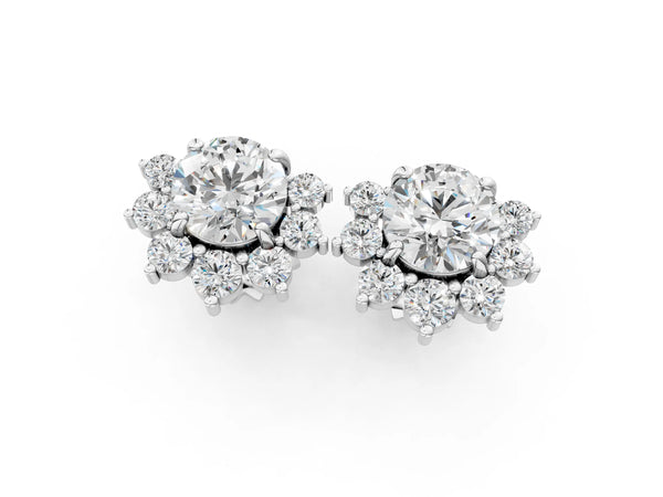 White gold Cluster Round Diamond Stud Earrings with White Gold Band and Four-Prong Setting