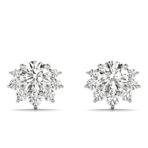 White gold Cluster Round Diamond Stud Earrings with White Gold Band and Four-Prong Setting