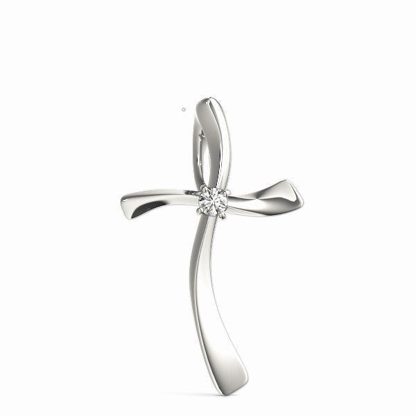 White gold Curved Cross Pendant with Round Diamond in Bezel Setting 1