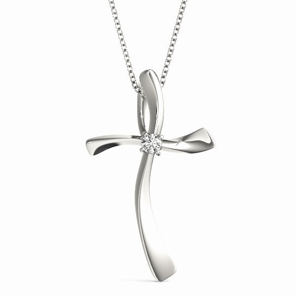 White gold Curved Cross Pendant with Round Diamond in Bezel Setting