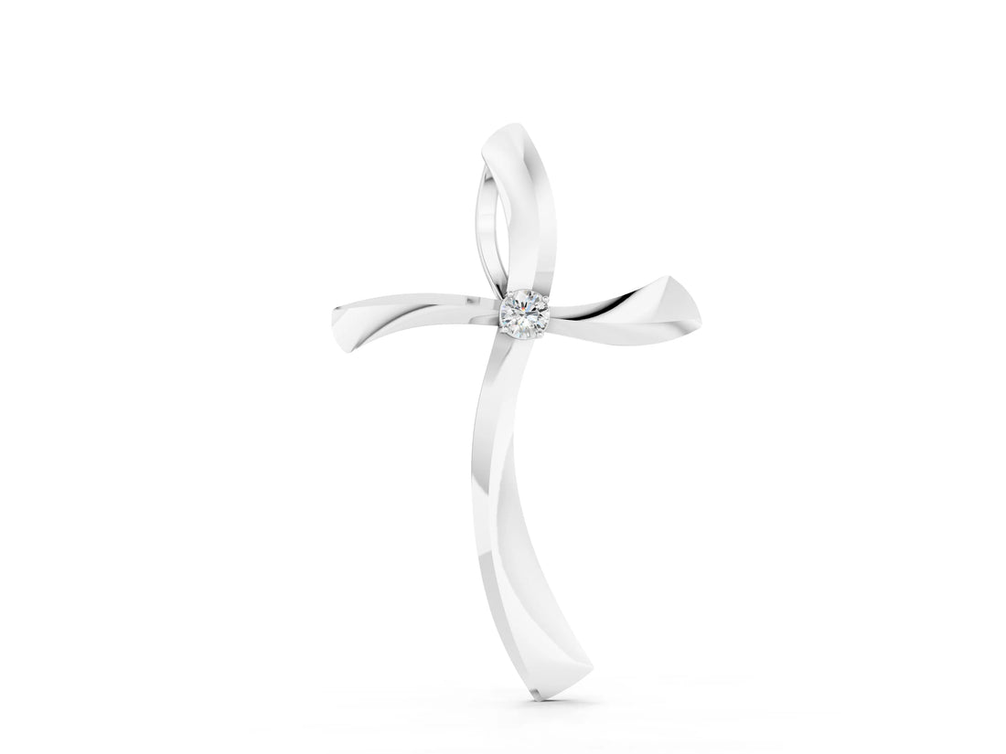 White gold Curved Cross Pendant with Round Diamond in Bezel Setting_30