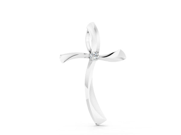White gold Curved Cross Pendant with Round Diamond in Bezel Setting