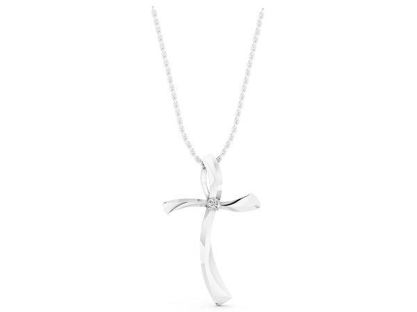 White gold Curved Cross Pendant with Round Diamond in Bezel Setting