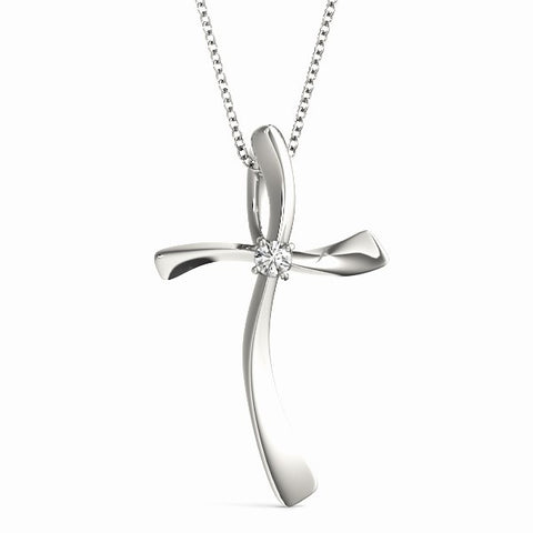 White gold Curved Cross Pendant with Round Diamond in Bezel Setting